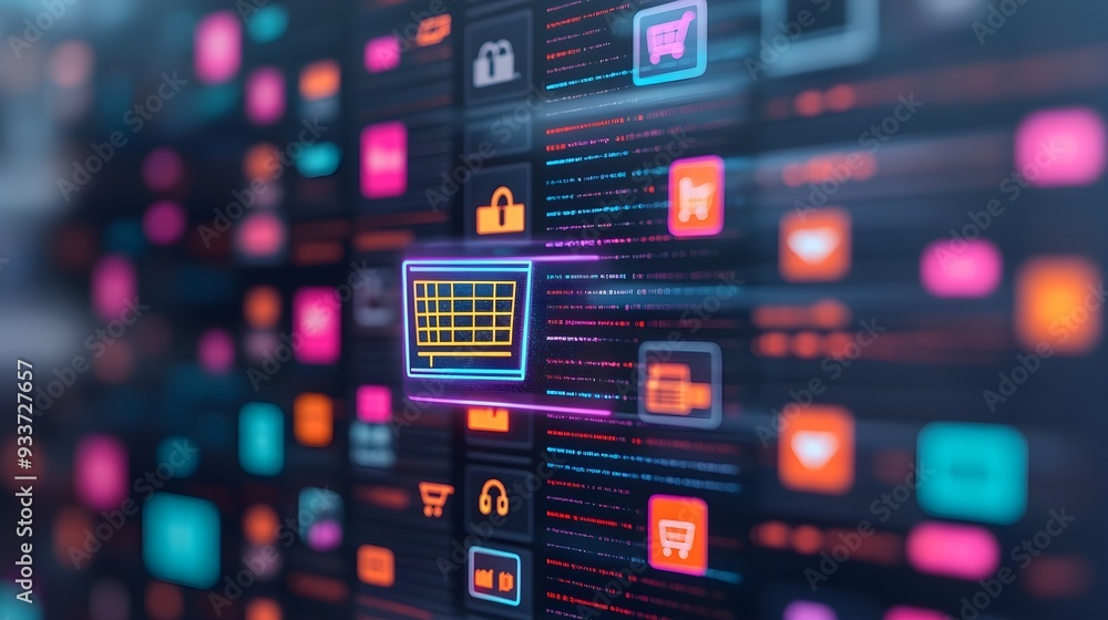 Online Shopping Cart Icon with Neon Lights on Digital Screen Online Shopping Cart Icon with Neon Lights on Digital Screen