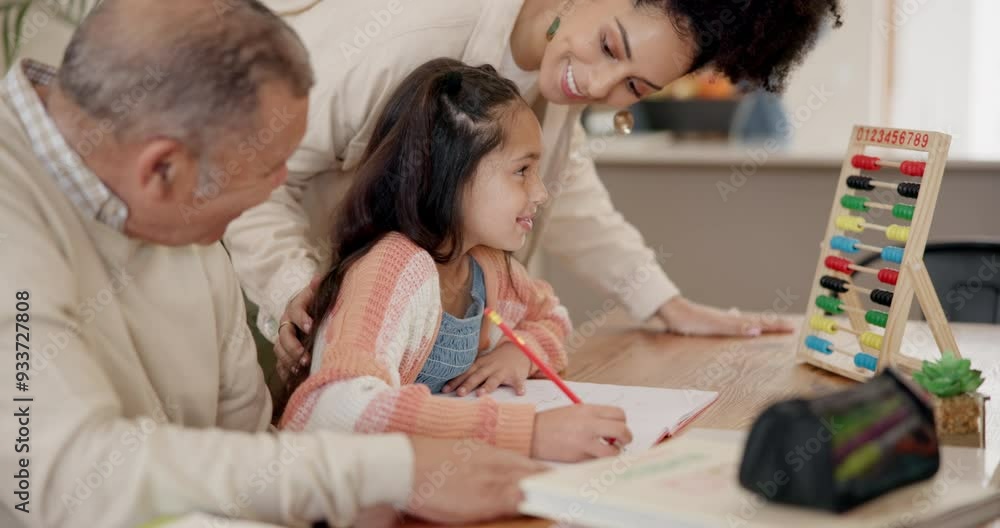 Grandfather, mother and girl with homework, helping and writing for learning and education at dining table. Family, senior man and woman with girl child for homeschooling, preschool and love at home Grandfather, mother and girl with homework, helping and writing for learning and education at dining table. Family, senior man and woman with girl child for homeschooling, preschool and love at home