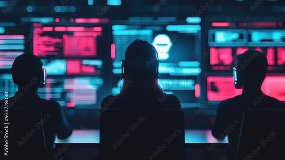 Silhouettes of People Working on Computers with Neon Lights Silhouettes of People Working on Computers with Neon Lights