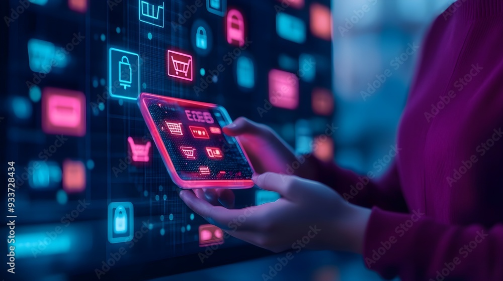 Woman Holding Smartphone with Shopping Cart Icons on Screen Woman Holding Smartphone with Shopping Cart Icons on Screen