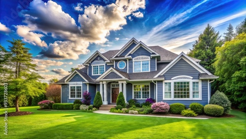 Serenely situated suburban home with bright blue windows and a lush green lawn stands beneath a majestic canopy of white, puffy clouds on a sunny day.