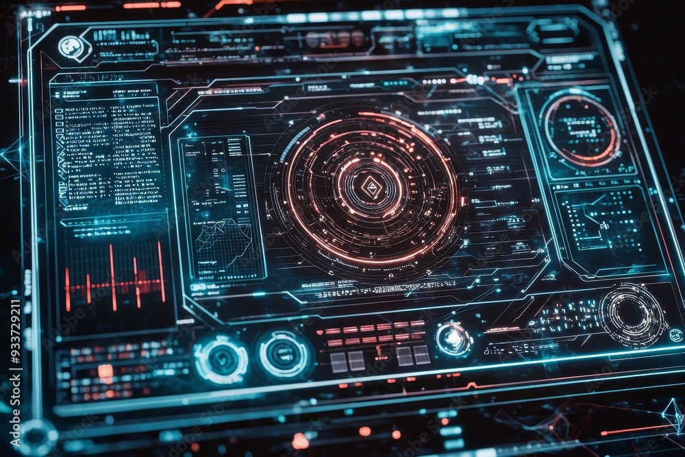 HUD interface with hologram elements, neon lights, and circles to represent a percentage of vitality in a hi-tech future design. HUD interface with hologram elements, neon lights, and circles to represent a percentage of vitality in a hi-tech future design.