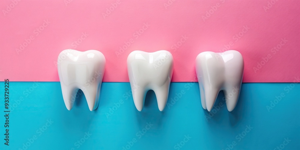 oral hygiene, dentistry, dental health, dental background, Three white teeth are placed asymmetrically on a background of pink and blue creating a playful and colorful composition oral hygiene, dentistry, dental health, dental background, Three white teeth are placed asymmetrically on a background of pink and blue creating a playful and colorful composition