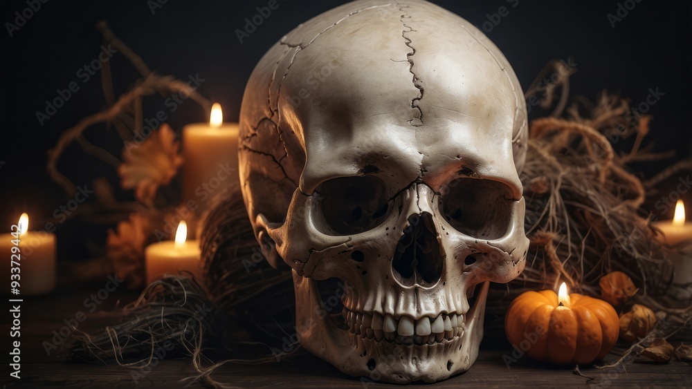 Human Skull with Candles and Pumpkin in a Dark Setting Human Skull with Candles and Pumpkin in a Dark Setting