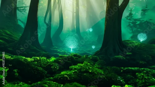 Mystical forest in morning light with glowing trees and vibrant green moss photo