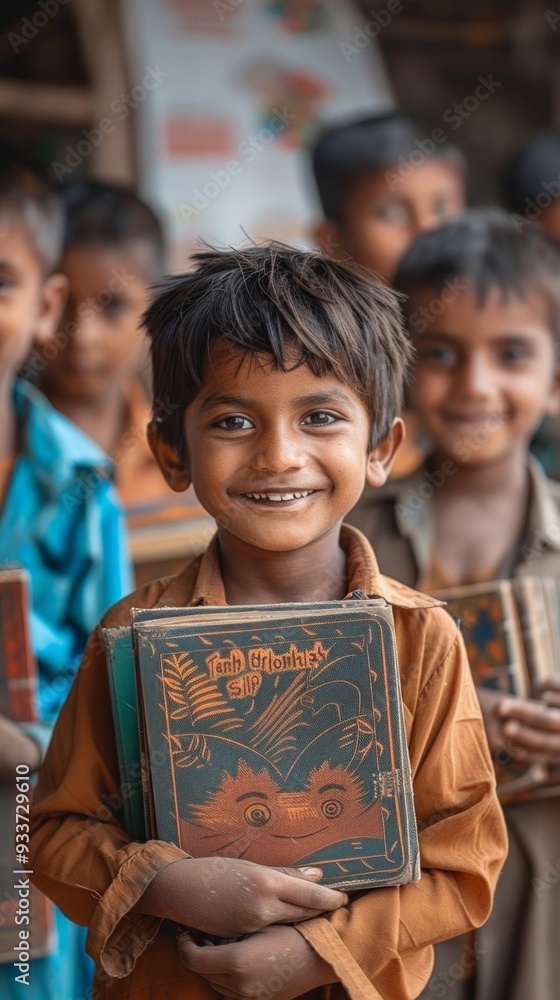 A cheerful group of kids, led by a smiling Indian boy holding a book in a school setting, hints at a joyful learning environment with shared enthusiasm for education. A cheerful group of kids, led by a smiling Indian boy holding a book in a school setting, hints at a joyful learning environment with shared enthusiasm for education.