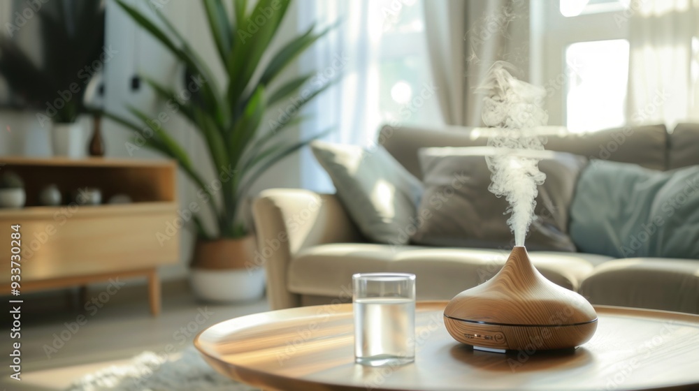 A modern living room with cozy vibes: wooden table with essential oil diffuser, grey couch, side table, lamp, potted plants, contemporary decor. A modern living room with cozy vibes: wooden table with essential oil diffuser, grey couch, side table, lamp, potted plants, contemporary decor.