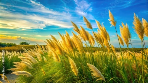 Serene natural landscape featuring tall, swaying native grasses in shades of green and gold, set against a clear blue summer sky. photo