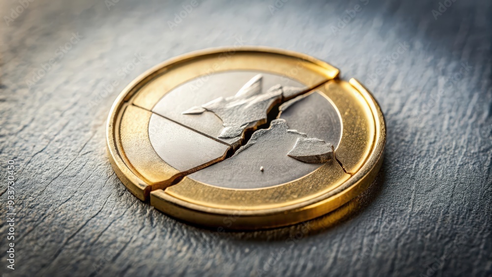 Broken Euro coin with cracks and damage, broken, Euro, currency, money, finance, cracked, damaged Broken Euro coin with cracks and damage, broken, Euro, currency, money, finance, cracked, damaged