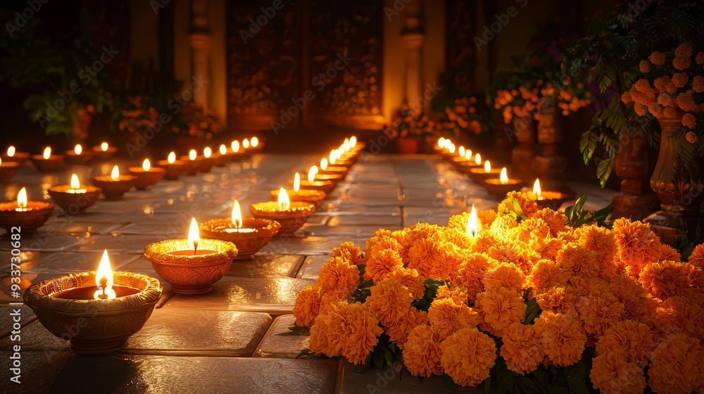Indian Dewali Religion Prayers A digital rendering of a quiet prayer space illuminated by rows of oil lamps and decorated with marigolds Indian Dewali Religion Prayers A digital rendering of a quiet prayer space illuminated by rows of oil lamps and decorated with marigolds