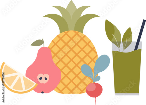 Colorful illustration of fruits and a smoothie, symbolizing healthy eating.