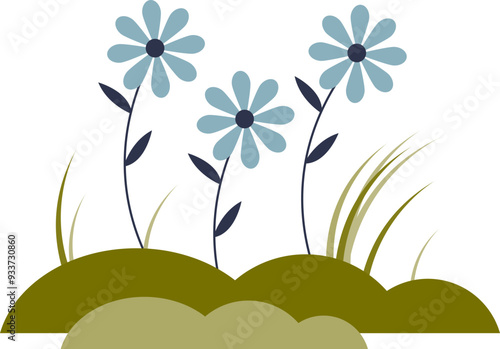 Illustration of blue flowers with green leaves and grass, symbolizing growth and nature.
