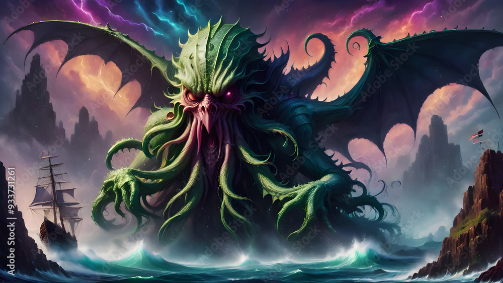 Fototapeta premium Dark fantasy scene showing Cthulhu the giant sea monster destroying ships, digital art style, illustration painting