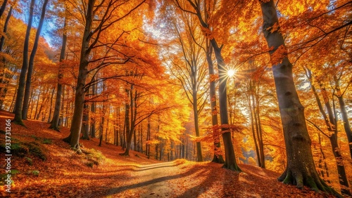Orange autumn forest illuminated by the sun at a tilted angle, vibrant, sun, ...