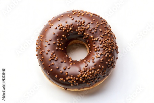 Delicious chocolate glazed donut with sprinkles, isolated on a white background, top view