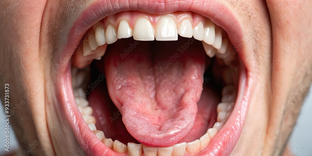 Obraz premium Closeup view of opened mouth with visible tonsils, medical, oral, throat, health, tonsillitis, body, anatomy