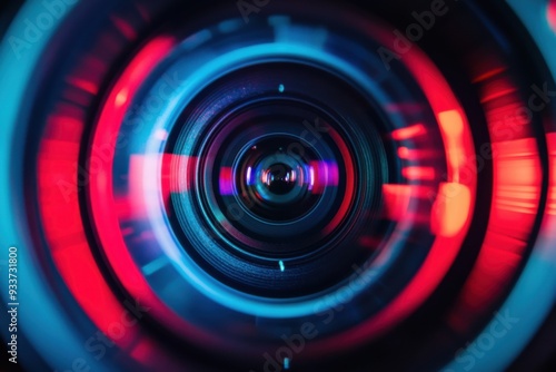 A close-up of a camera lens with vibrant red and blue lights in a neon color scheme. The atmosphere is futuristic and dynamic.