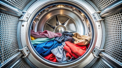 household chores, dryer, electrical, laundry care, home, freshness, utility, white, warm, Inside view of a tumble dryer with freshly laundered clothes spinning drying and tumbling around