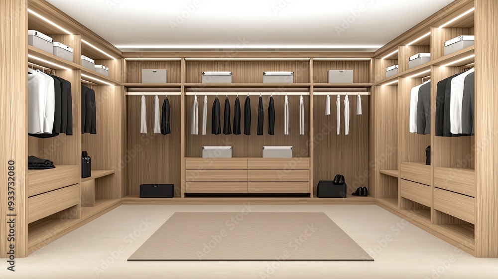 A large, empty walk-in closet with light brown cabinetry and ample shelving, illuminated by natural light streaming through a window A large, empty walk-in closet with light brown cabinetry and ample shelving, illuminated by natural light streaming through a window
