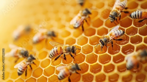 Organic honeycomb, bees at work, 3D illustration photo