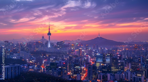 Sunset of Seoul City and Seoul Tower South Korea.