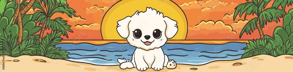 Fototapeta premium A cartoon cocker spaniel watches the sunset in this flat coloring page for a children's book