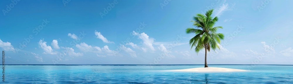 Tranquil tropical island with a lone palm under a clear blue sky, surrounded by calm ocean waters, embodying serene and peaceful nature. Tranquil tropical island with a lone palm under a clear blue sky, surrounded by calm ocean waters, embodying serene and peaceful nature.