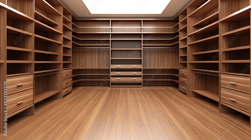 A large, empty walk-in closet with light brown cabinetry and ample shelving, illuminated by natural light streaming through a window A large, empty walk-in closet with light brown cabinetry and ample shelving, illuminated by natural light streaming through a window