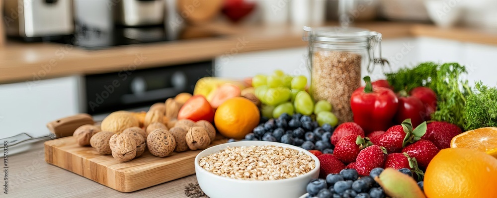 Rustic kitchen with a farm-to-table breakfast spread of fresh fruits and grains, organic breakfast, natural food start Rustic kitchen with a farm-to-table breakfast spread of fresh fruits and grains, organic breakfast, natural food start