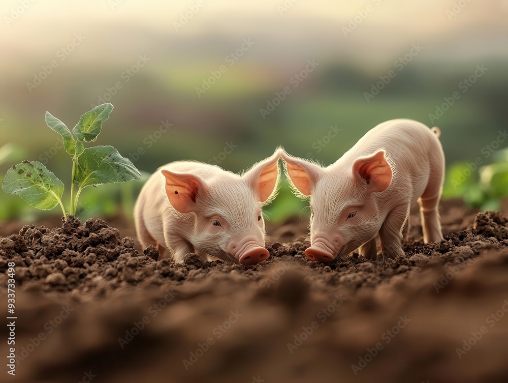 Organic free-range piglets, playing in the dirt, 3D illustration Organic free-range piglets, playing in the dirt, 3D illustration