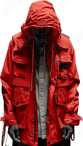 A mysterious figure in a bright red parka with the hood up, concealing the face, against a black background.
