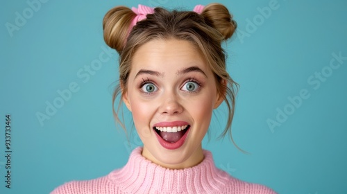 Cheerful young woman with pigtail hairstyle wearing pink sweater smiling excitedly against blue background.