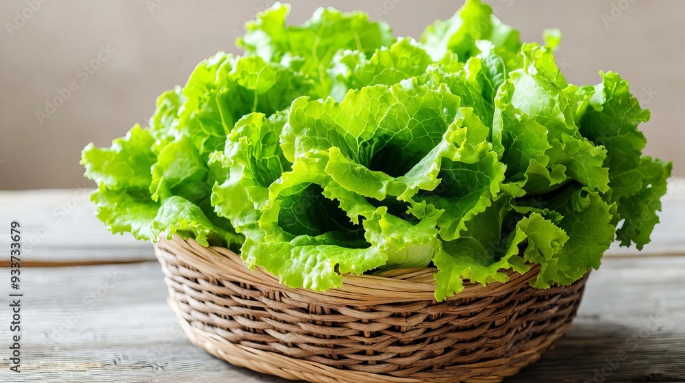 Freshly picked organic lettuce in a rustic basket, farm-to-table greens, natural crisp freshness Freshly picked organic lettuce in a rustic basket, farm-to-table greens, natural crisp freshness