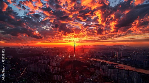 Sunset of Seoul City and Seoul Tower South Korea.