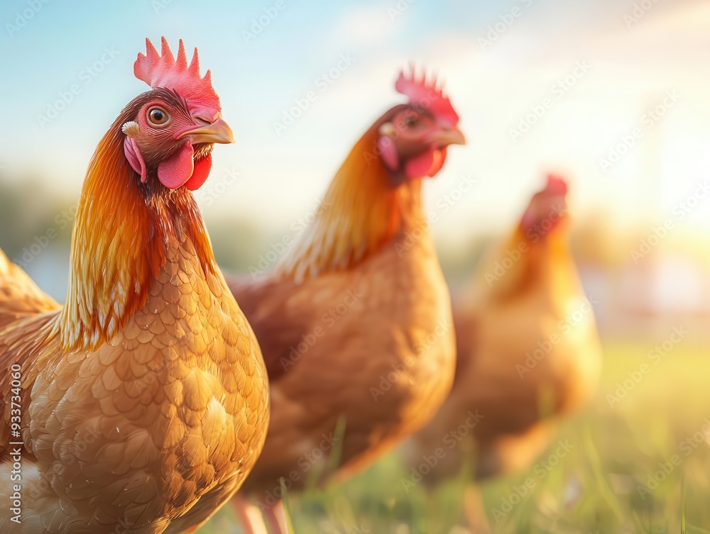 Fototapeta premium Organic free-range chickens, roaming the yard, 3D illustration