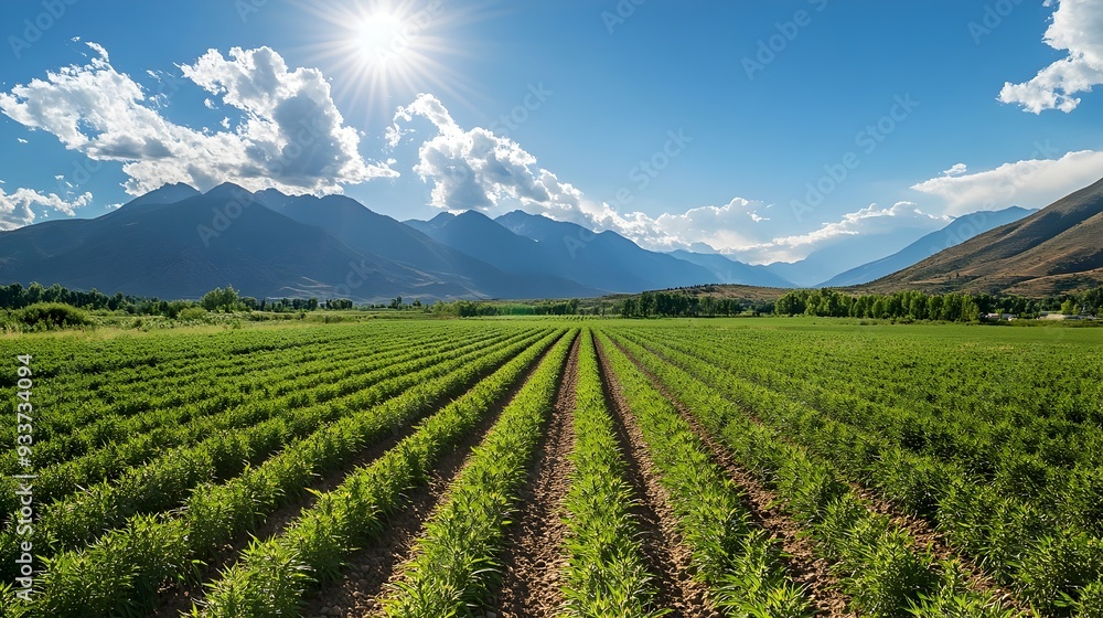 Lush hemp farm with rows of thriving plants stretching toward the distant mountains set against a bright sunny sky Picturesque rural landscape with ample copy space for text overlay Lush hemp farm with rows of thriving plants stretching toward the distant mountains set against a bright sunny sky Picturesque rural landscape with ample copy space for text overlay