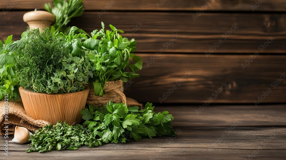 Freshly harvested organic herbs in a rustic kitchen setting, farm-to-table herbs, natural flavor infusion Freshly harvested organic herbs in a rustic kitchen setting, farm-to-table herbs, natural flavor infusion