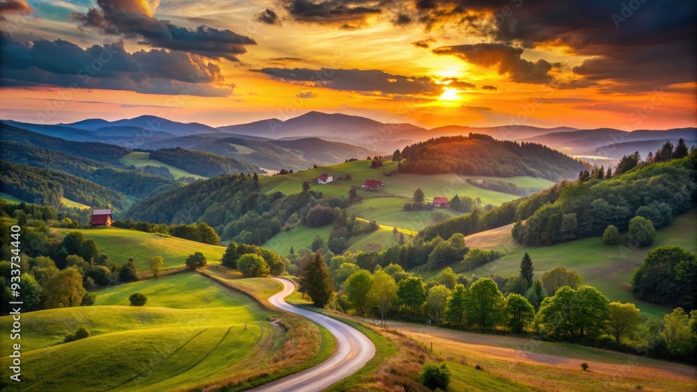 Serene sunset landscape of rolling hills and green forests in rural Serbia, with distant mountains and a winding road disappearing into the horizon. Serene sunset landscape of rolling hills and green forests in rural Serbia, with distant mountains and a winding road disappearing into the horizon.