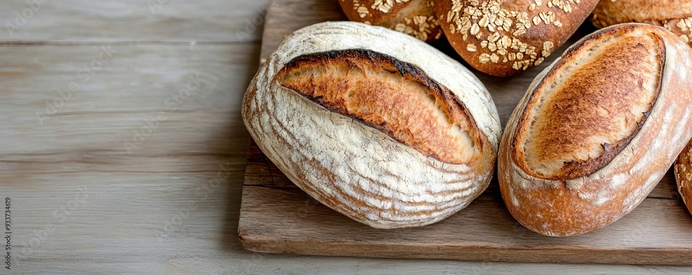 Freshly baked bread with organic grains on a rustic wooden board, farm-to-table bread, natural food artisan Freshly baked bread with organic grains on a rustic wooden board, farm-to-table bread, natural food artisan