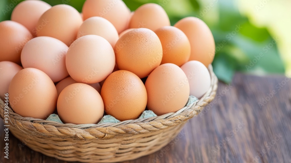 Fresh organic eggs in a rustic basket with farm background, farm-to-table eggs, natural food sourcing Fresh organic eggs in a rustic basket with farm background, farm-to-table eggs, natural food sourcing
