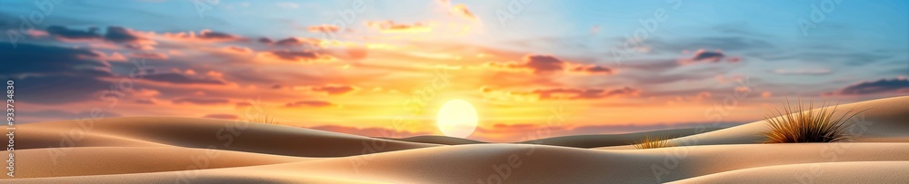 Sunset over a serene desert landscape with rolling sand dunes, capturing the tranquility and beauty of nature in warm, golden hues. Sunset over a serene desert landscape with rolling sand dunes, capturing the tranquility and beauty of nature in warm, golden hues.