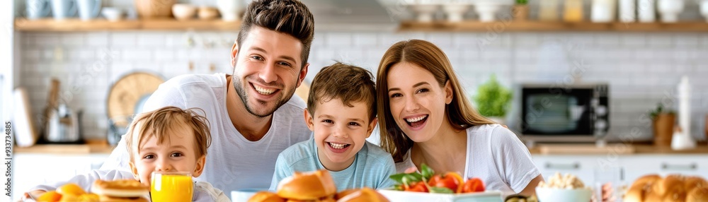 Happy family enjoying breakfast together in a modern kitchen, smiling with delicious food and drinks on the table. Happy family enjoying breakfast together in a modern kitchen, smiling with delicious food and drinks on the table.