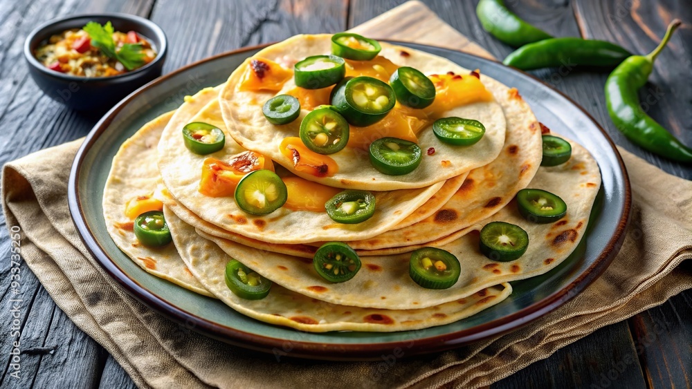 Plate of cheesy tortillas topped with jalapenos, jalapenos, appetizer, culinary, cuisine, tasty, spicy, tex-mex, delicious, food photography, savory, fresh, cheese, plate,Mexican food Plate of cheesy tortillas topped with jalapenos, jalapenos, appetizer, culinary, cuisine, tasty, spicy, tex-mex, delicious, food photography, savory, fresh, cheese, plate,Mexican food