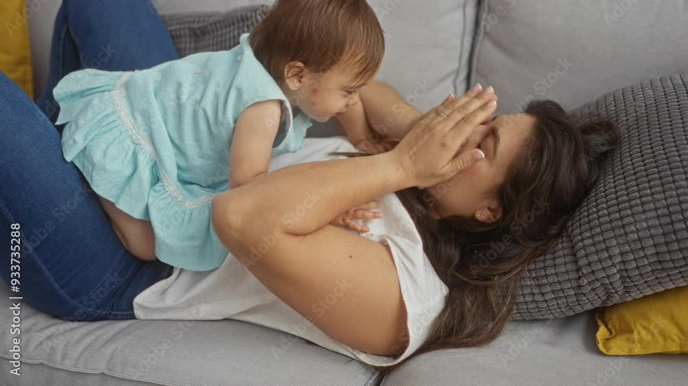 Mother playing with infant daughter on couch in living room, showing love and bonding indoors Mother playing with infant daughter on couch in living room, showing love and bonding indoors