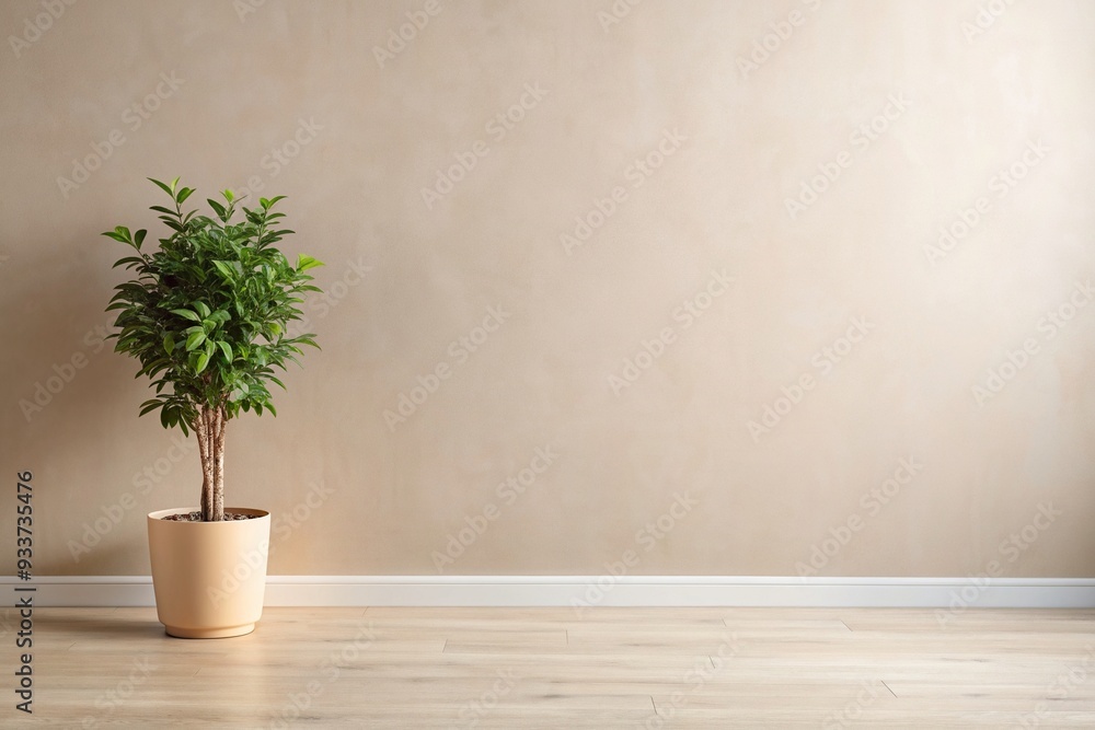 Neutral colored wall with a potted plant in a wide-angle shot, aesthetic, peaceful, indoor garden, natural light, room decor, greenery, zen, simplicity, minimalism, stylish Neutral colored wall with a potted plant in a wide-angle shot, aesthetic, peaceful, indoor garden, natural light, room decor, greenery, zen, simplicity, minimalism, stylish