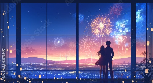 nime Style Silhouette of Couple Watching Fireworks Against a Night Sky, Romantic Atmosphere in Minimalist Style photo