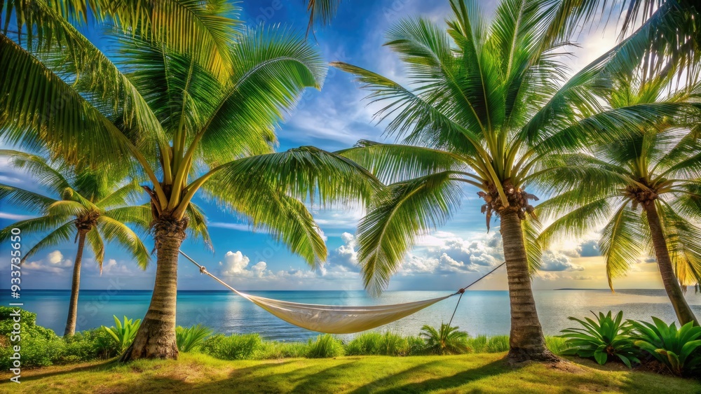 Serene tropical scene featuring a sturdy palm tree supporting a cozy hammock, surrounded by lush greenery and swaying palm fronds, evoking relaxation and tranquility. Serene tropical scene featuring a sturdy palm tree supporting a cozy hammock, surrounded by lush greenery and swaying palm fronds, evoking relaxation and tranquility.