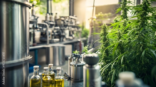 Industrial CO2 extraction machinery in pure hemp oil from harvested plants  The process involves separating the beneficial compounds from the plant material using pressurized carbon dioxide photo