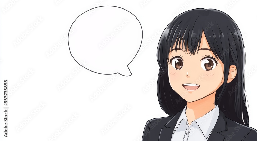 Anime Style Asian Woman in Her Late Thirties in Office Suit, Speaking with Open Mouth and Speech Bubble, White Background Anime Style Asian Woman in Her Late Thirties in Office Suit, Speaking with Open Mouth and Speech Bubble, White Background