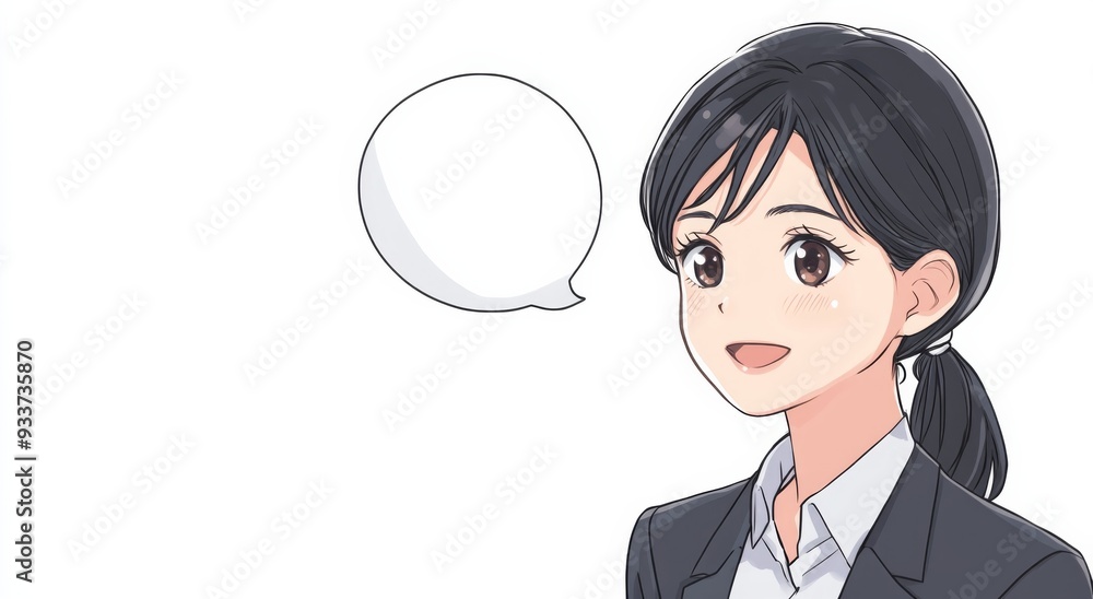 Anime Style Asian Woman in Her Late Thirties in Office Suit, Speaking with Open Mouth and Speech Bubble, White Background Anime Style Asian Woman in Her Late Thirties in Office Suit, Speaking with Open Mouth and Speech Bubble, White Background